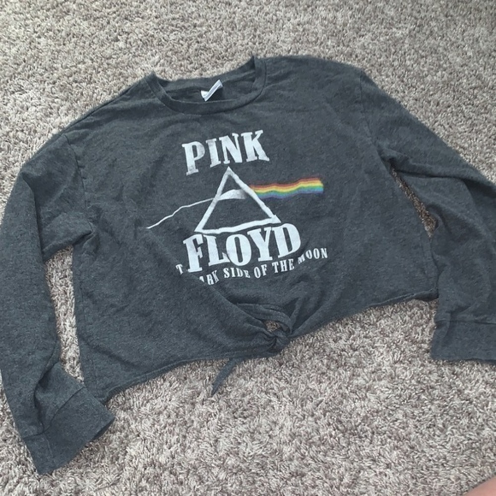 Pink Floyd girls size XL gray cropped shirt long sleeve tie waist rainbow